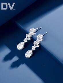 DV JEWELRY 1 对镀白金方晶锆石奢华吊坠耳环，女士优雅珠宝，婚礼、周年纪念、派对礼物，带礼盒 - 銀色 - 查看 2
