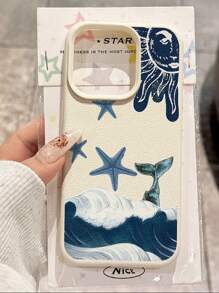 1 pieza Funda de teléfono suave, a prueba de agua y golpes, antideslizante, con patrón retro de olas y estrellas azules para teléfonos