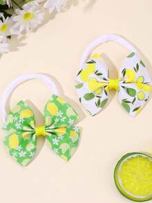 2 件女孩蝴蝶结装饰发带，柠檬/花朵/卡通水豚印花蝴蝶结，弹性发带，可爱清新配饰，适合春季/夏季/上学日/趣味郊游