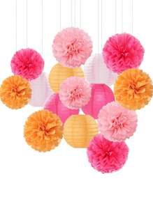 15 buc. hârtie decorativă pentru petrecere la modă roz-portocaliu - felinare cu flori, serpentine din hârtie absorbantă cu pom-pom, potrivite pentru nunți de toamnă, petreceri burlăcițe, aniversări boeme, decor agățat pentru petreceri la apus