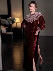 Vestido elegante de cuello redondo de terciopelo de unicolor y cálido para mujer, otoño/invierno