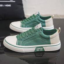 Men's Breathable Canvas Shoes, Skateboard Shoes, Ins Style, Thick Sole Casual Sneakers, Lace-Up Loafers - Green - View 3
