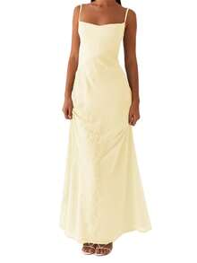 Women Long Dress Lace Patchwork Sleeveless Cami Dress Summer Tie-Up Backless Spaghetti Strap Dress - 黃色 - 查看 2