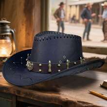 Retro Carnival Cowgirl Hat For Women Men Bullet Belt Wide Brim Western Cap With Windproof Rope - Black - View 4