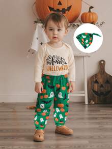 Baby Boy Halloween Clothes Letter Print Long Sleeve Romper Elastic Waist Ghost Pants And Hat 3Pcs Fall Outfit - Khaki - View 5