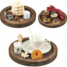 30厘米美式乡村风格木托盘、圆形餐盘、烛台、复古装饰木盘