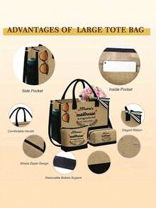 黑色亚麻撞色肩带手提包，化妆包，方包套装，大容量。肩带可根据个人喜好拆卸，并附赠一个化妆品收纳袋和一个带拉链的小方包，可用作洗衣袋、零钱包或铅笔袋。时尚个性手提包，沙滩包，