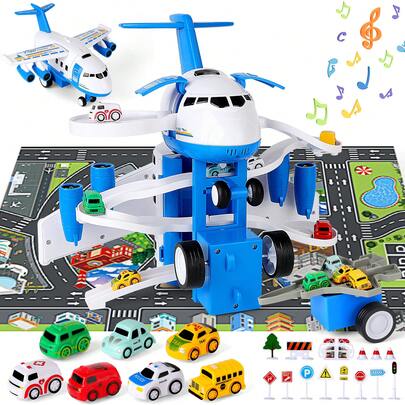 Transport Cargo Race Track Car Toy With 7 City Cars And Garage Parking Lot Playmat
