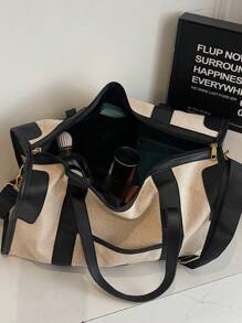 Simple Large Capacity Travel Luggage Bag, Fashionable Colorblock Handbag Boston Shoulder Bag, Versatile For Casual Use, Can Be Carried As Shoulder Or Crossbody Bag, Black & Brown With Beige Travel Bag For Suitcase Overnight Bag Gym Bag Duffle Bag Weekend Bag Duffel Bag Carry On Bag College Bag Luggage Bags Weekender Bag For Luggage Hospital Bag Holiday Winter Bag For School School Accessories School Stuff