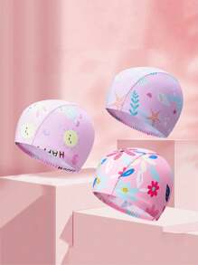 1 PC Pink Comfortable Cartoon Printing Pattern Elastic Teenagers Swimming Cap Comfortable Non-Tightening Cloth Cap Long Hair Ear Protection Hat Swimming Pool Swimming Cap