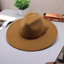 Women Men Wide Brim Fedora Hat Solid Color Belted Wool Hat Felt Jazz Cap For Party - 卡其色 - 查看 3