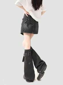 polve 1 Pair Y2K Style Star Wash & Distressed Ribbed Knit Leg Warmers With Straps, Slim-Fitting Flare Leg, Black & Grey, Vintage Subculture - 黑色 - 查看 6