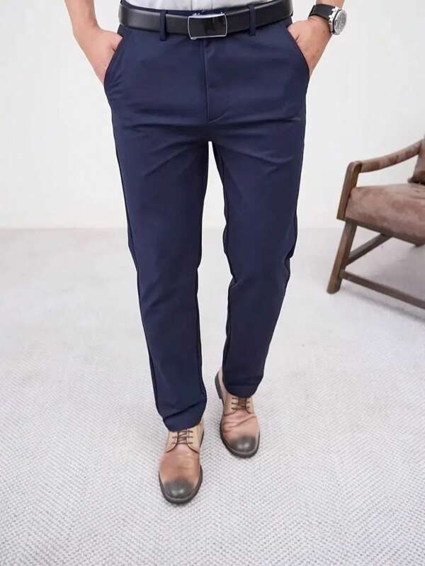 Men Solid Color Business Formal Trousers, Straight-Leg Dress Pants Suitable For Outdoor Casual And Formal Occasions All Year Round