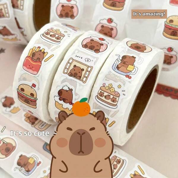 300pcs Cute Capybara Sticker Roll DIY Scrapbook Decorative Adhesive Stickers For Gift Packaging And Journaling Supplies