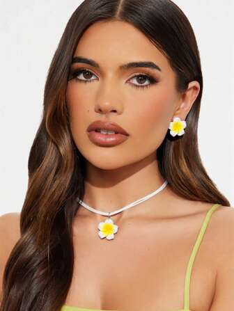 1 set di 3 pezzi, collana pendente e orecchini in resina minimalista e sfumata a motivi floreali, dall'aspetto fresco e dolce, collana a giro collo in strati con motivi floreali che inducono alla dopamina, adatto per uso quotidiano, vacanza e occasioni di festa per le donne