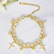1pc Fashionable Stainless Steel Double Layer Cross Bracelet & Anklet