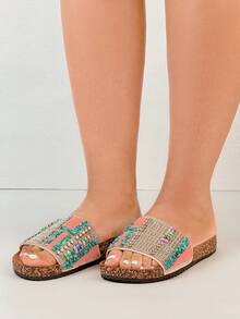 Wedge Sandals Diamond Encrusted Slip-On Bohemian Holiday Slippers - Pink - View 1