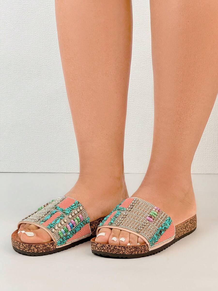 Wedge Sandals Diamond Encrusted Slip-On Bohemian Holiday Slippers - Pink - View 1