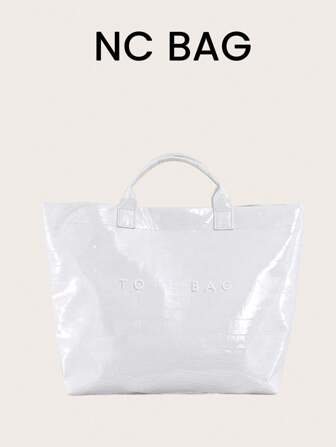 White Spring/Summer New Fashion YK2 Baddie Lacquered Crocodile Pattern Jelly PVC Tote Bag, Large Capacity Lightweight Travel Handbag, Commuter Shoulder Bag, Suitable For Ladies Office Work, School, Travel, Mommy Bag, Big Size Briefcase
