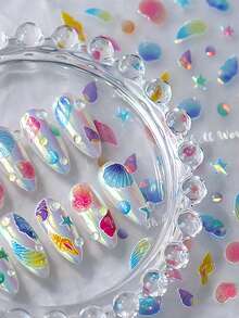 Beautizon Nailartlab 1pc 5D Starfish & Shell Nail Art Sticker, Self-Adhesive Holographic Ocean World Pattern Nail Decals - Multicolor - View 1