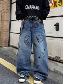 1pc Vintage Loose Design Graphic Print Wide Leg Pants, Unisex Streetwear - Blue - View 6