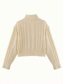 女士秋冬季绞花针织短款开衫毛衣，双拉链设计，修身百搭 - 杏色 - 查看 3