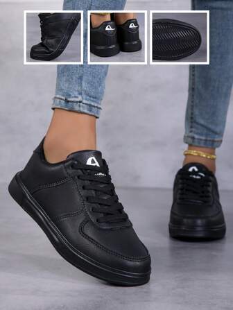 Women's Minimalist Solid Color Lace-Up Flat Casual Canvas Sneakers, Black Leather All Season