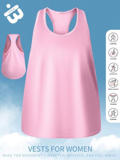 Regata esportiva feminina rosa, tecido leve, design minimalista, adequada para exercícios de academia, corrida, ioga e atividades ao ar livre nos fins de semana