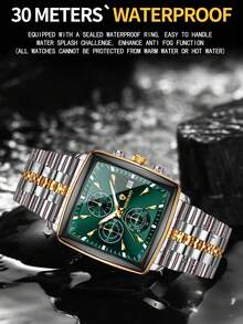 BINBOND 方形设计男士石英表，奢华时尚多功能计时表盘，不锈钢防水表壳，商务及情人节礼物，男士石英表 - 綠色 - 查看 9