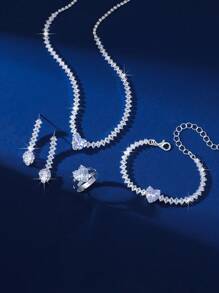 Elegante y sencillo set de joyería de de 5 piezas, que incluye collar, pendientes, pulsera y anillo. Con forma de corazón brillante, de moda y versátil, adecuado para todas las ocasiones. San Valentín, Mamá, Madre, Día de la Madre, Regalo