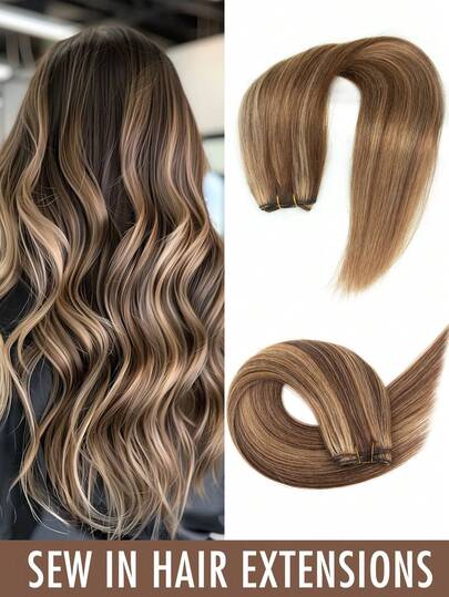 50克/片缝合式真人发接发，自然色，12-24英寸直发发片，DIY发片，轻盈日常增发，巴西原生发，新手友好，适合女性、女孩和新娘