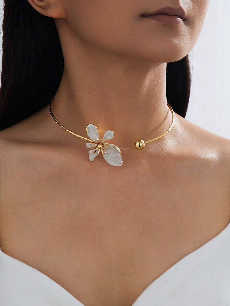 1 件百搭优雅珐琅纹理花卉几何颈链，适合女性日常、派对和休闲装扮 - 紋理琺瑯釉花卉項圈 - 查看 1