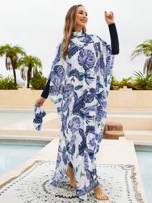 VFJ Tropical Plant Print Women Long Sleeve Long Pants Burkini Swimsuit Set With Coverup Dress And Hijab - Navy Blue - View 6