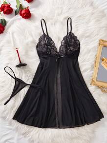 2-Piece Women's Black,Bow Decoration,Split,Sheer&Backless,Lace Patchwork Mesh,Mature Charm,Summer Babydoll,Sexy Lingerie Dress Sexy Lingerie Set For Going Out