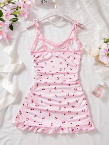 Women's Pink Pajamas,Cherry Print Frill Trim Ruched Bodycon Dress,Cute Sleep Dress,Lettuce Trim,Ruffle Hem Cami Pajama Nightdress,Babydolls,Slip Dress,Summer Sexy Lingerie Dress,Sexy Lingerie - Pink - View 8