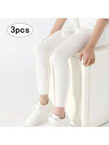 4/3/1pcs Set Girls Plain Color Vertical Striped 7/8 Length Leggings, Elastic Fitted Full Length Tights, All Season Casual Yoga Pants, Cute Sports Style Suitable For Students Daily Wear, Soft & Comfortable, Versatile, Back To School Season - Multicolor - View 32