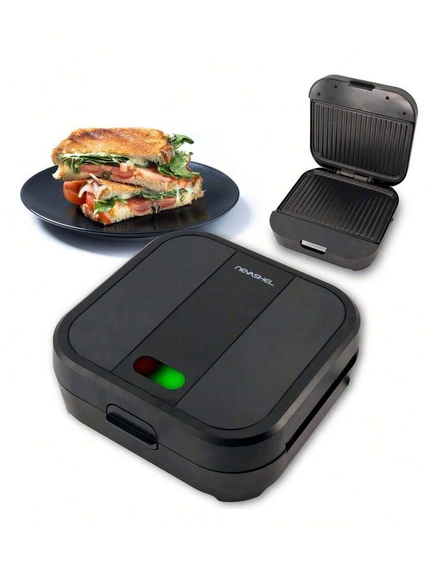 Sandwichera Eléctrica Nevashel Kitchen Ad-22, Parrilla Antiadherente Para 2 Piezas, Diseño Moderno Y Compacto , Fácil De Usar Y Limpiar, Ideal Para Paninis Y Sándwiches, Hogar Y Oficina, Color Negro