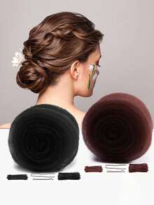 1 套发垫，用于盘发 | 丰盈发圈发髻制作器 | 海绵发垫和隐形盘发工具 | 包含发夹、U 型夹、深棕色、丰盈发垫、盘发填充物、丰盈工具、发夹、纯色尼龙海绵垫、隐形发髻助推器、女士发型工具、四季配饰 - 黑色 - 查看 1