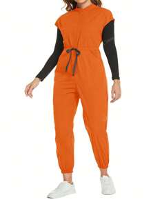 cimmuovere Große Größen Kurzarm Taille-Bindeband Figurbetonter Reißverschluss Stehkragen Kasack Jumpsuit