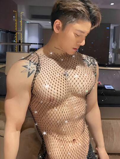 1pc Sparkly Rhinestone Sexy Fishnet Crop Top - Mesh Hollow Back Vest, Suitable For Party, Nightclub, KTV, Beach Cover-Up, Transparent Chest Enhancer, Reversible Design, Durable Club Outfit For Ladies