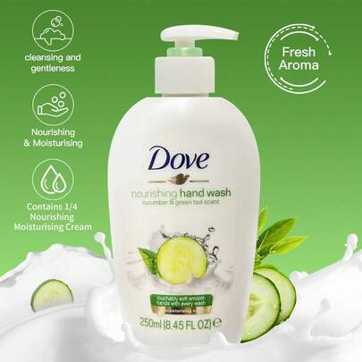 Dove 1瓶250毫升多芬黄瓜绿茶洗手液，清爽控油清洁，提亮肤色，蕴含黄瓜提取物和绿茶成分，泡沫丰富，清洁、除臭、抗菌，适合所有肤质，日常清洁