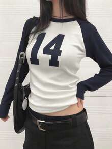 Number Graphic Casual Raglan Sleeve Fitted Long Sleeve Top - Blue and White - View 3
