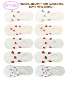 5/10 paires de chaussettes fines pour femmes au printemps et en été, chaussettes invisibles avec motifs de fruits de dessins animés, chaussettes basses blanches de type bateau, chaussettes à bouche peu profonde, chaussettes fines d'été à bouche peu profonde et invisibles de type bateau, chaussettes courtes
