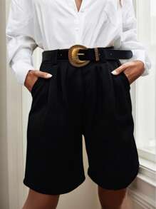2 piezas de pantalones cortos elegantes de cintura alta y bolsillos de unicolor para mujer, uso casual y de oficina, para el verano