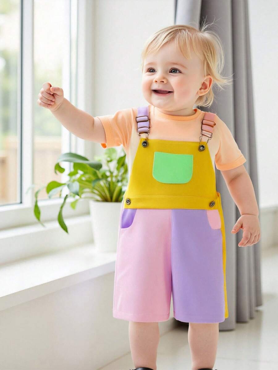 Overol corto de contraste de color sin mangas con tirantes ajustables para niños y niñas pequeños - Púrpura malva - Ver 1