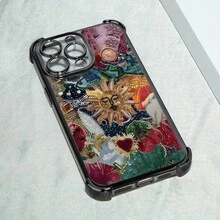 Vintage Sun Print Pattern Design Electroplated Frame Phone Case Suitable For IP11 Pro Max 15 16 Plus 13 X 14 12 XS MAX All Inclusive Anti Drop Soft Cover - Black - View 1
