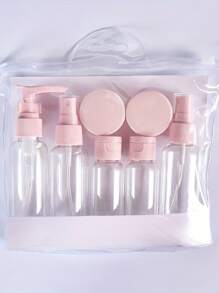 1 pièce/7 pièces Bouteilles de voyage, Ensemble de bouteilles rechargeables avec sac de toilette, conteneur de liquide vide, bouteille de distribution de liquide étanche, sac cosmétique de transport, pot de crème, accessoires de voyage, kit de bouteilles de voyage, Ensemble de contenants de toilette portables étanches, Contenants cosmétiques de taille cabine en PP transparent pour lotion, shampoing, crème, savon avec sac portable, Kit de bouteilles de voyage avec Escarpins