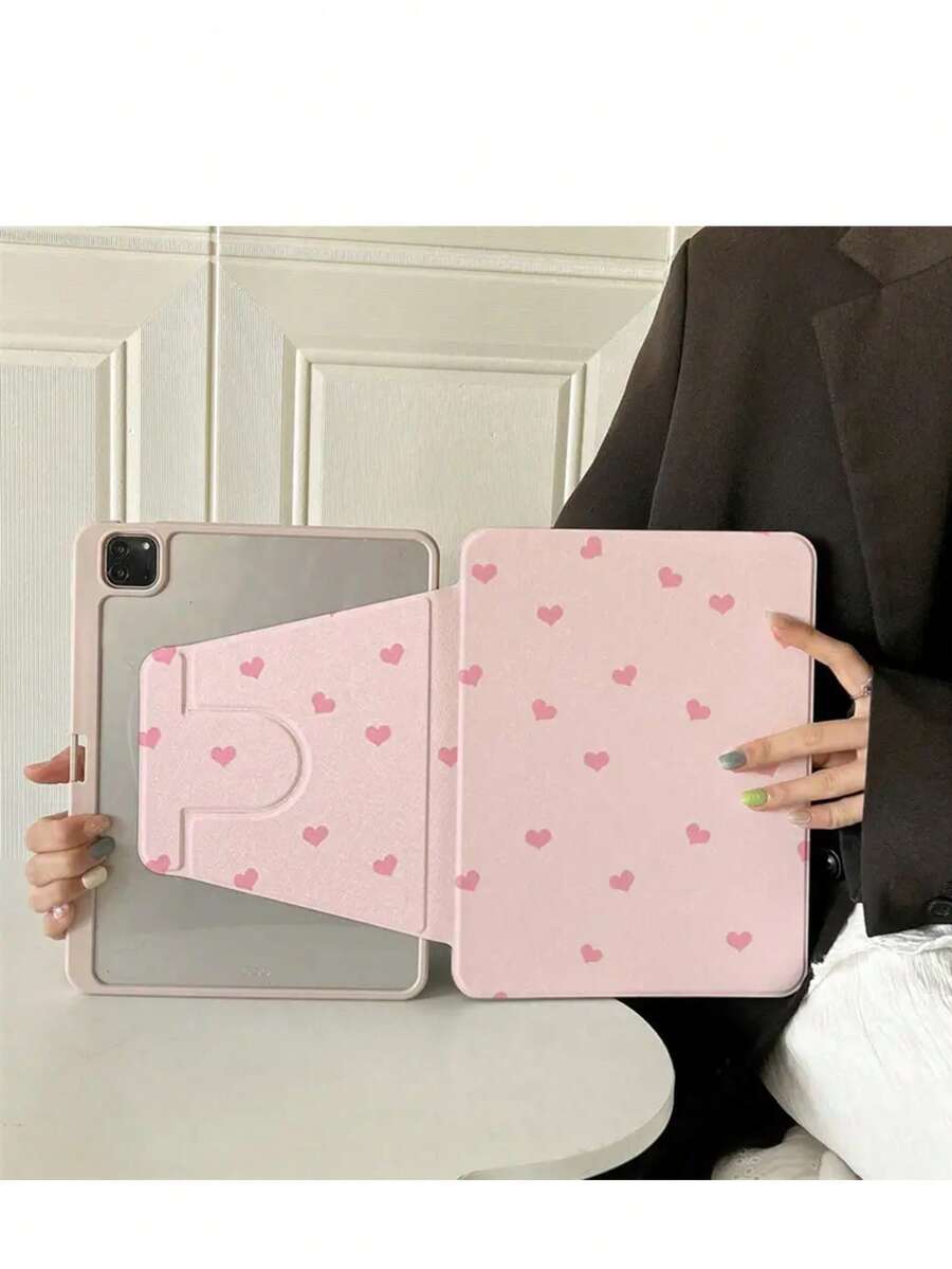 1 Pc Beautiful Pink Love Double Pattern With Pen Slot Rotation Acrylic Transparent Crystal Back Shock Tablet Shell Support Dormancy Awakened Compatible With The 10.9 10 Generations, A7 / A9 / A8 S6lite/S7 / S8 / S9fe - Multicolor - View 1