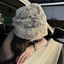 1件时尚亮片花褶绒帽，夏季薄款透气网纱抽绳帽，复古风，适合女士外出旅行 - A - 查看 3