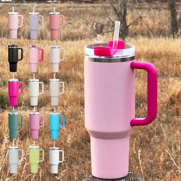 1 pieza, compatible con el vaso de acero inoxidable de 40 onzas de la Cup con asa y pajita, capacidad grande de 40 onzas, aislamiento de doble pared al vacío para mantener bebidas calientes y frías, botella de agua ideal para el hogar, la oficina y actividades al aire libre como camping, el cepillo de limpieza y la pajita se pueden comprar por separado